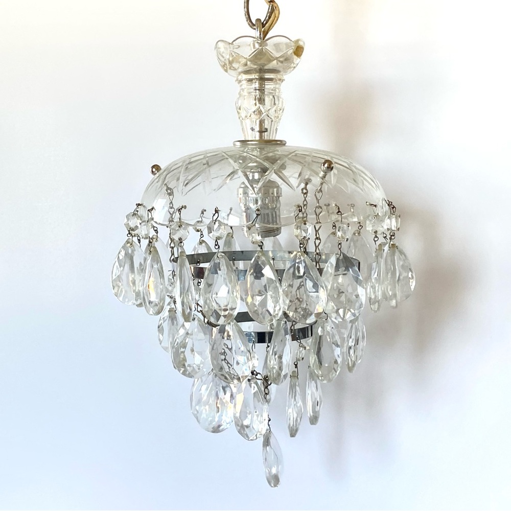 Vintage 1940s 3-Tiered Crystal Pendant Teardrop Waterfall Chandelier